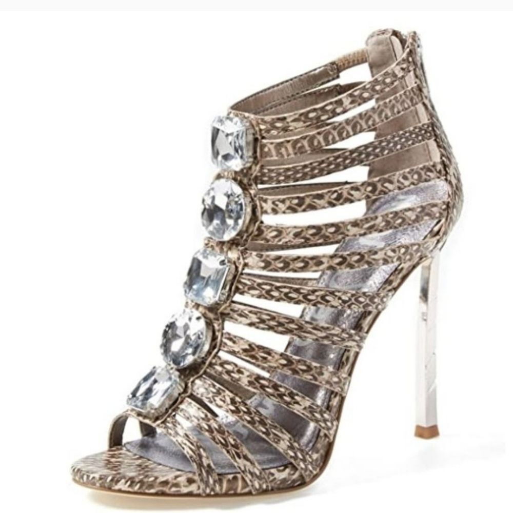 Sam Edelman Mob Lux Snakeskin Bejeweled Needle Heel Strappy Peep Toe Shoes 8M